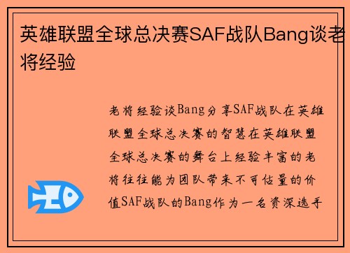 英雄联盟全球总决赛SAF战队Bang谈老将经验