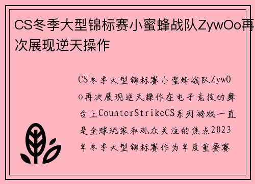 CS冬季大型锦标赛小蜜蜂战队ZywOo再次展现逆天操作